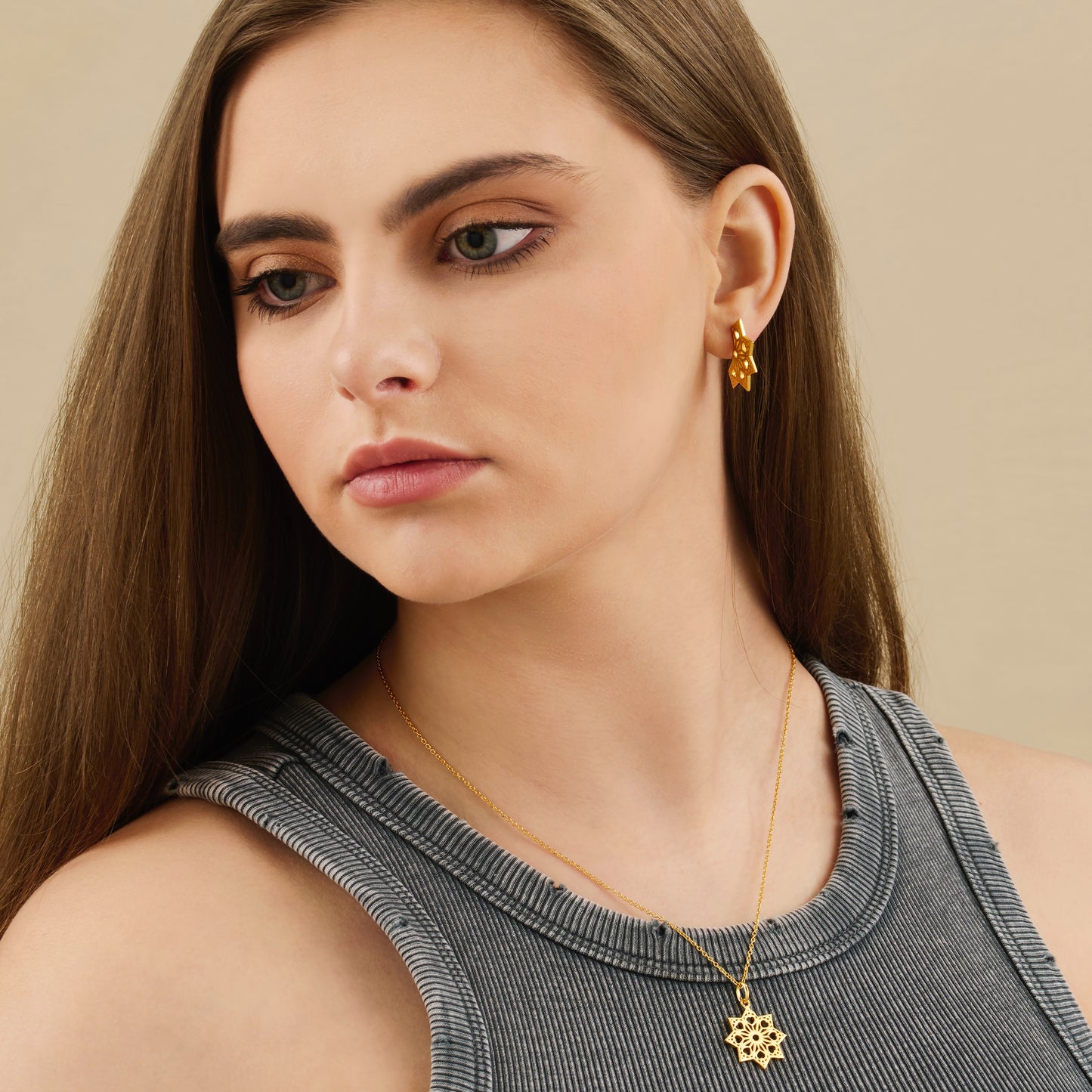 Heart flat fan style hoop earrings in gold vermeil & necklace on model