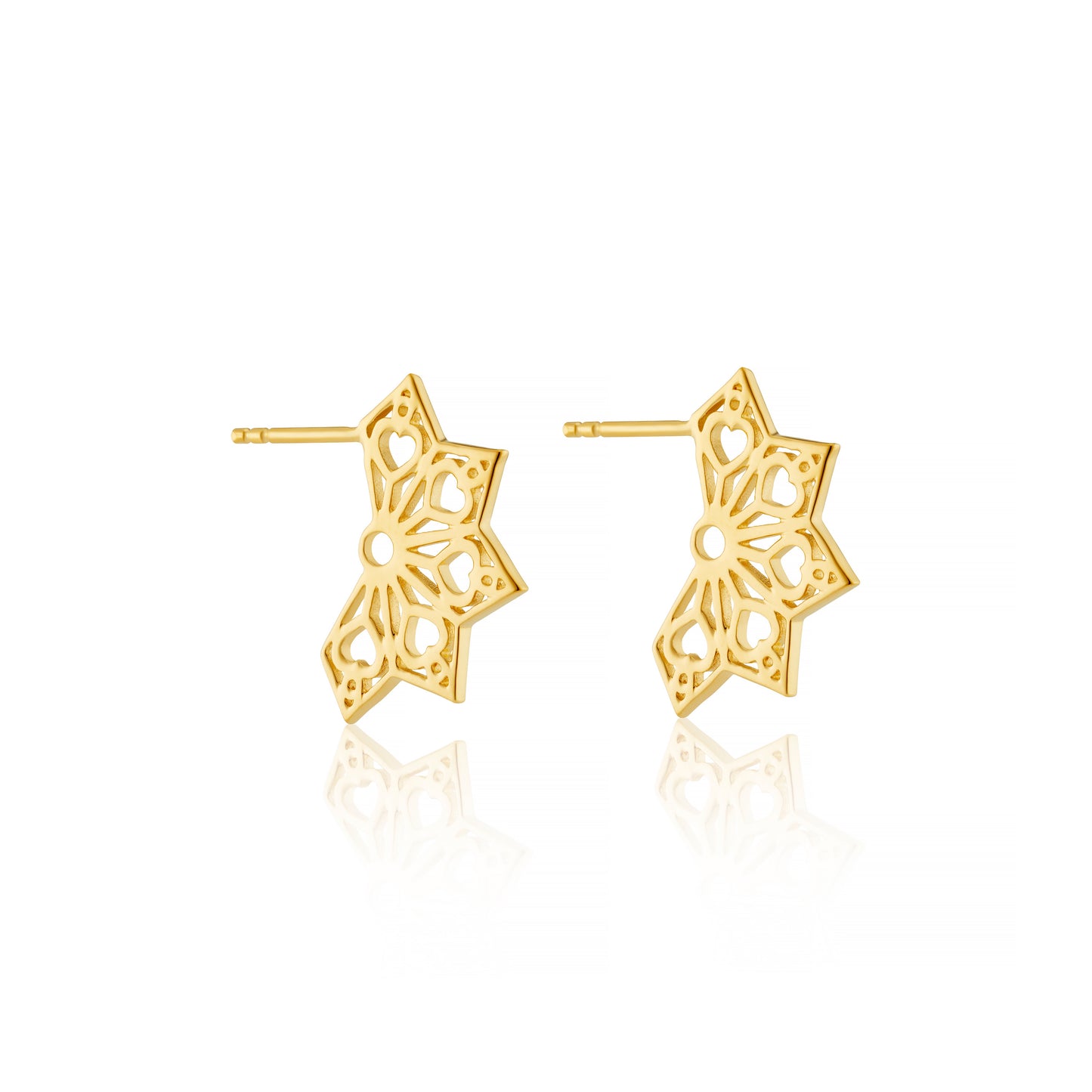 Heart flat fan style hoop earrings in gold vermeil white background