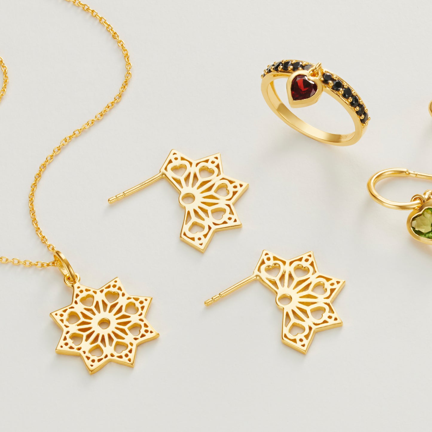 Cut out heart star pendant & flat hoop earrings in gold vermeil