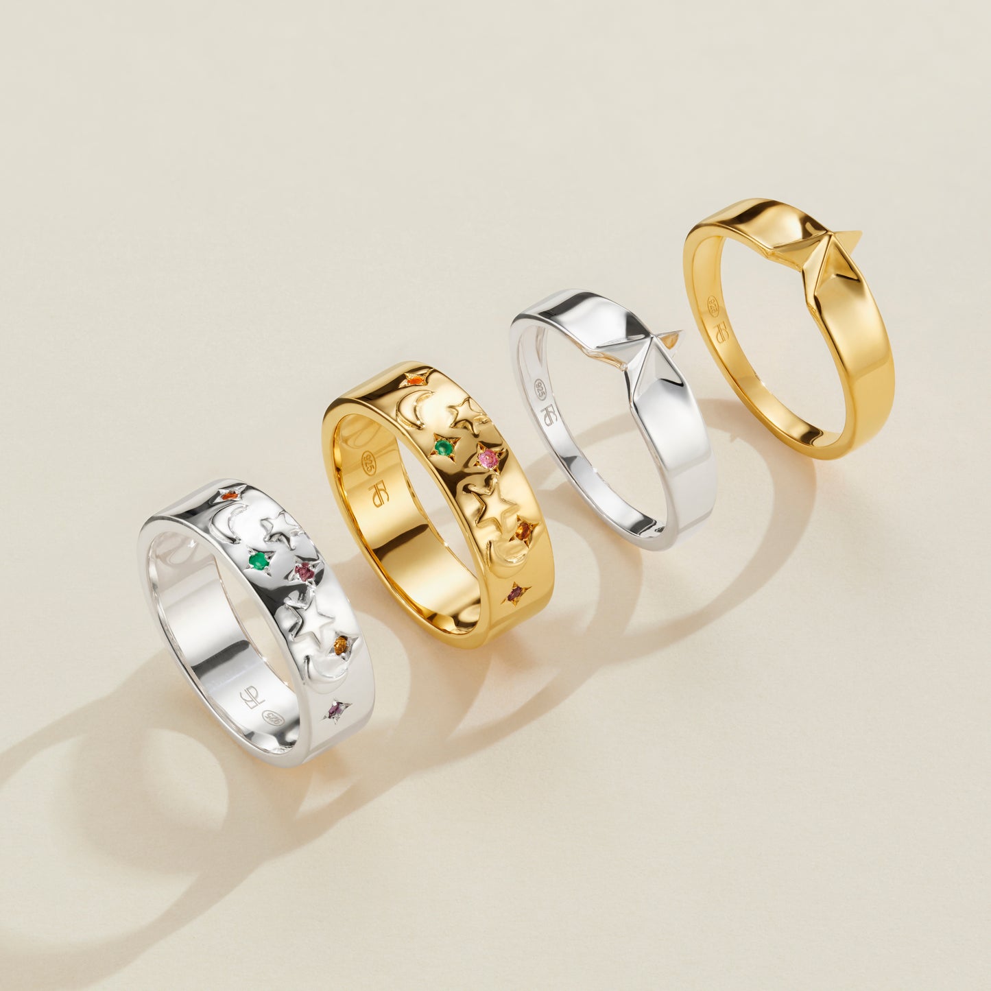 Celestial gemstone moon and star ring collection