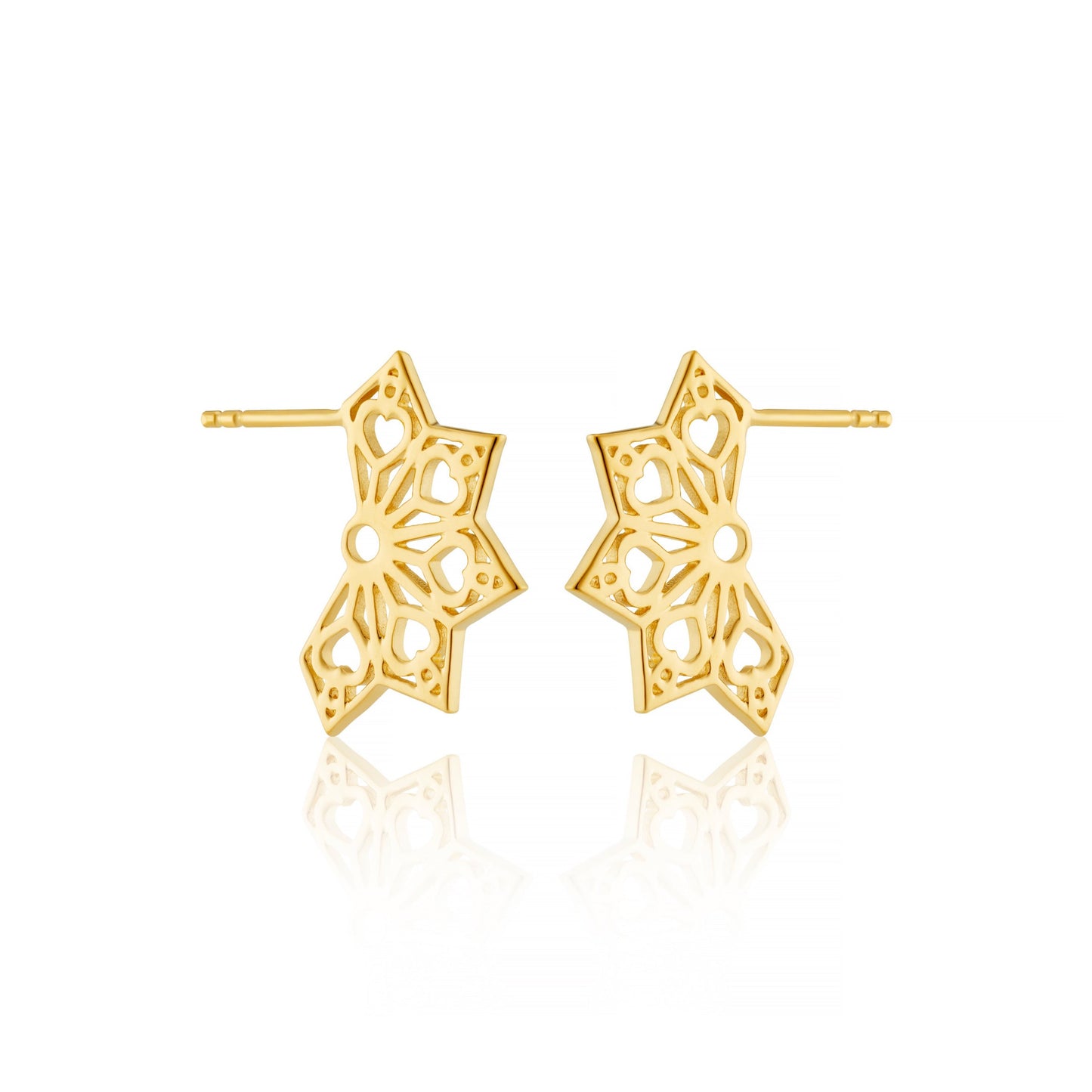 Heart flat fan style hoop earrings in gold vermeil white background