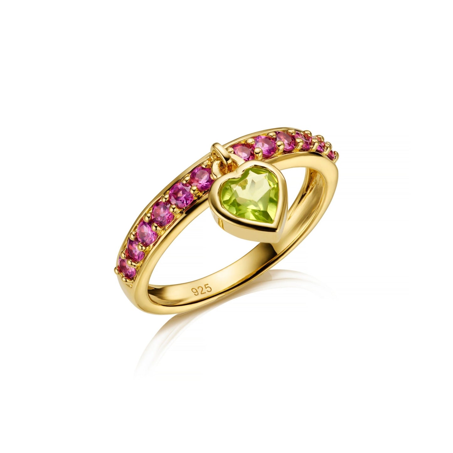 Rhodolite & peridot heart gemstone charm ring with white background