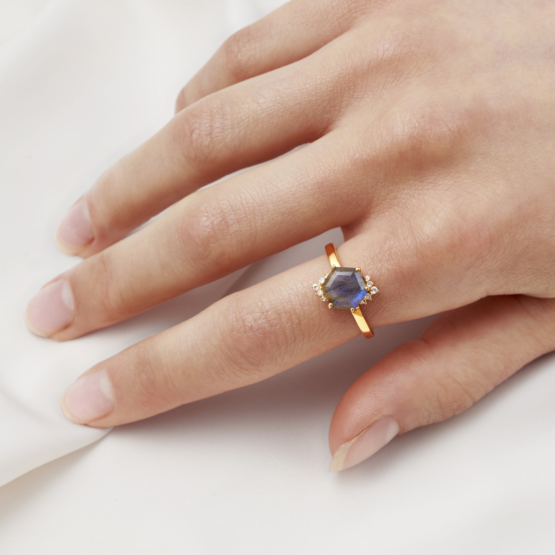Labradorite gold cluster ring on hand