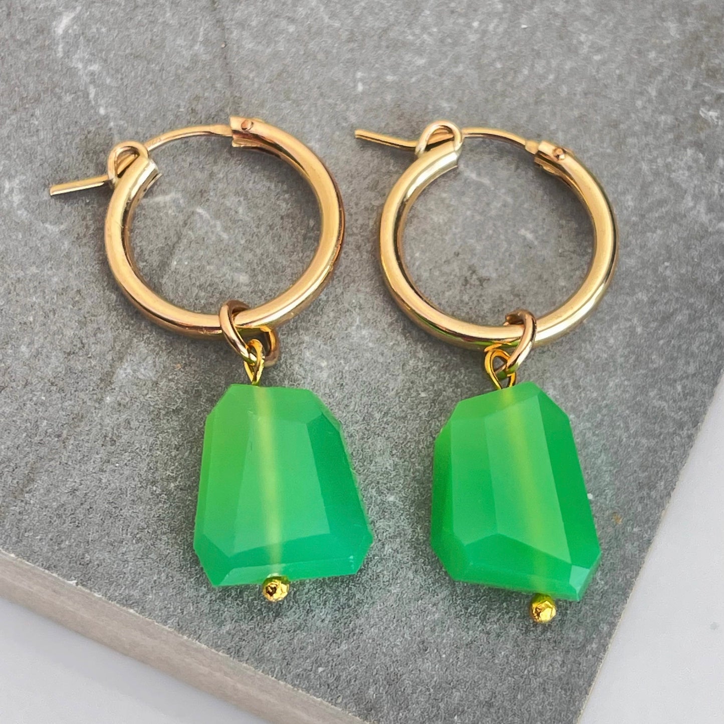 CHRYSOPRASE GEMSTONE HOOP EARRINGS IN GOLD VERMEIL