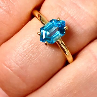 BLUE TOPAZ HEXAGON SOLITAIRE RING - Fool's Gold Jewellery