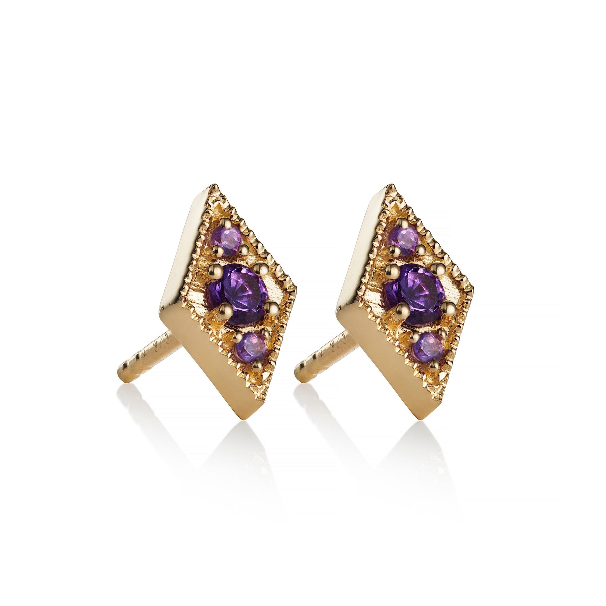 DIAMOND SHAPE AMETHYST STUD EARRINGS IN GOLD VERMEIL - Fool's Gold Jewellery