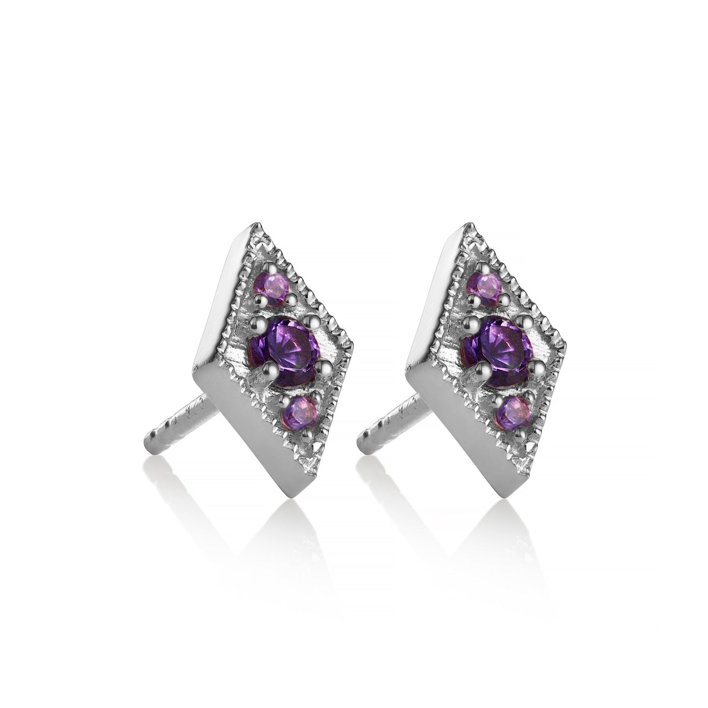 DIAMOND SHAPE AMETHYST STUD EARRINGS IN STERLING SILVER - Fool's Gold Jewellery