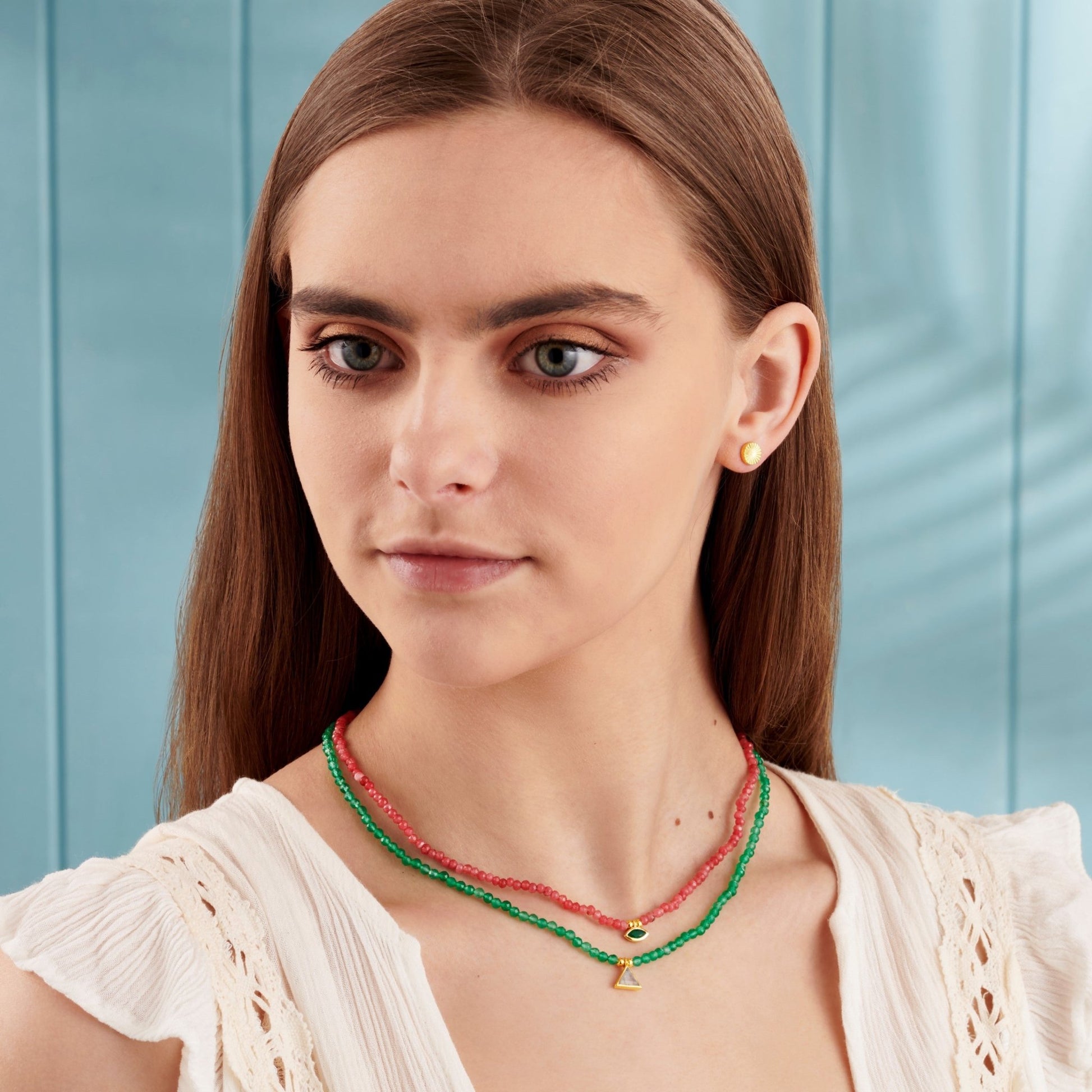 PINK AGATE BEADED NECKLACE WITH GREEN ONYX CHARM - Fool's Gold Jewellery